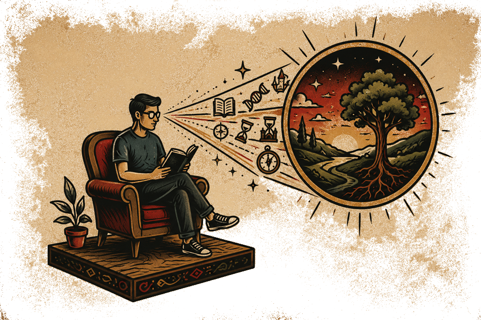 Ilustração de uma pessoa lendo, com pensamentos que se projetam em direção a uma paisagem simbólica de autodescoberta